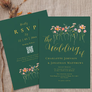 Boho Herbst Wildblumen Grün Gold QR Code Hochzeit Einladung