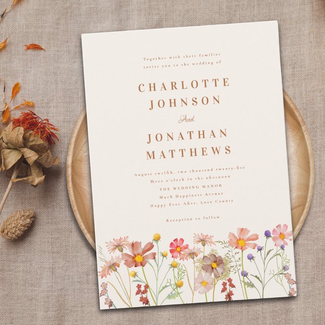 Boho-Herbst-Wildblumen-Hochzeit Einladung (Boho fall Wildflower meadow Wedding invitation rustic country meadow watercolor florals burnt orange)