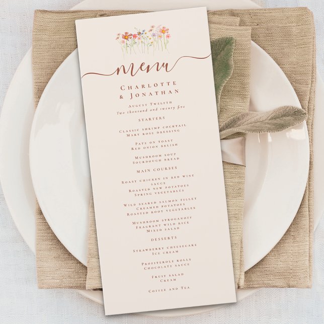 Boho-Herbst-Wildblumen-Hochzeit Menükarte (Elegant boho fall Wildflower floral beige tan Wedding menu card terracotta rust script)