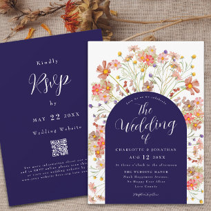 Boho Herbst Wildblumen Navyblau Weiße Hochzeit Einladung