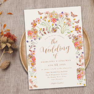 Boho-Herbst-Wildblumen-Schmetterlings-Hochzeit Einladung