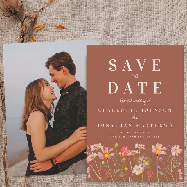 Boho Herbst Wildblumen Terrakotta Foto Hochzeit Save The Date (Wildflower meadow boho fall floral photo terracotta Wedding save the date invitation Elegant modern)