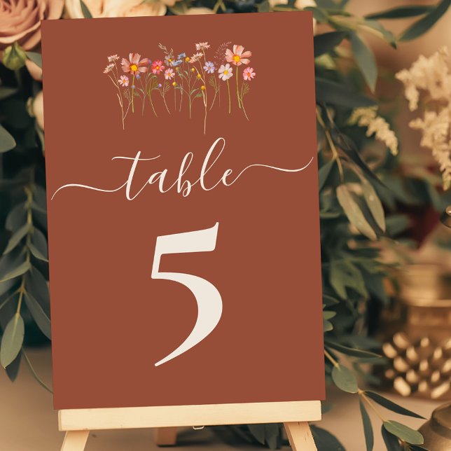 Boho-Herbst-Wildblumen-Terrakotta-Hochzeit Tischnummer (Boho fall Wildflower floral terracotta rust tan beige Wedding table number cards)