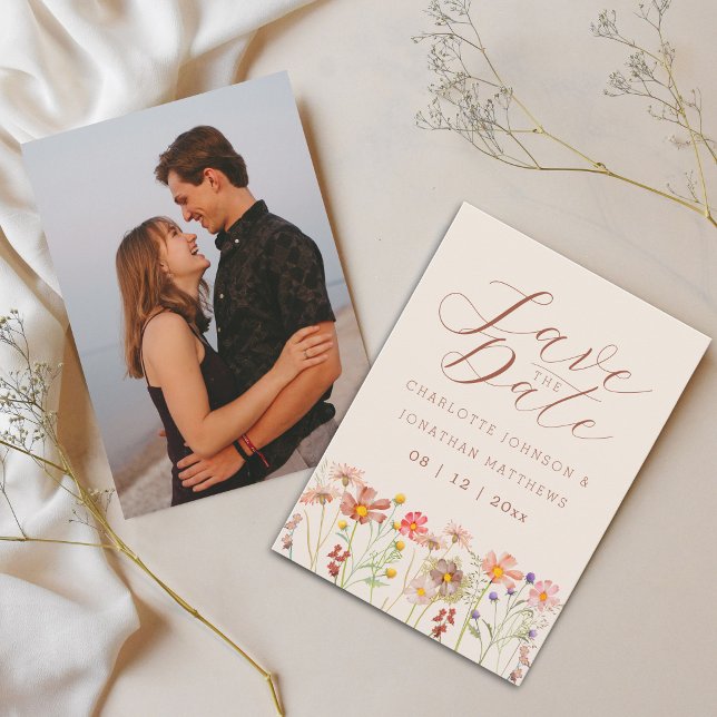 Boho-Herbst-Wildblumenwiese Foto-Hochzeit Save The Date (Boho chic wildflower meadow watercolor rustic florals photo wedding save the date card)