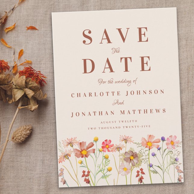 Boho-Herbst-Wildblumenwiese-Hochzeit Save The Date (Elegant boho fall Wildflower meadow floral Wedding save the date Terracotta beige tan orange rust )