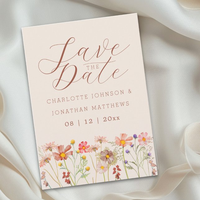 Boho-Herbst-Wildblumenwiese-Hochzeit Save The Date (Elegant boho watercolor wildflower meadow beige brown orange wedding save the date invitation)