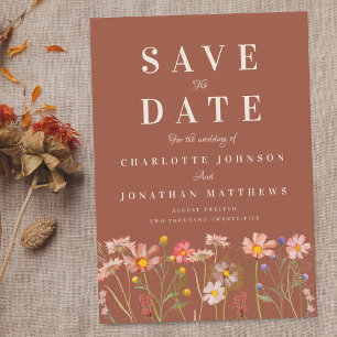 Boho-Herbst-Wildblumenwiese-Terrakotta-Hochzeit Save The Date