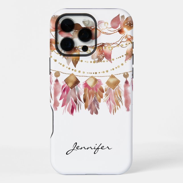 Boho Herbstblatt Feder Native American iPhone Hülle (Rückseite)