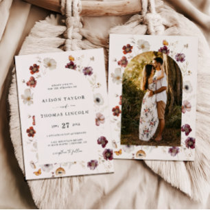 Boho-Herbstblumen-Hochzeitsbogen-Foto Einladung