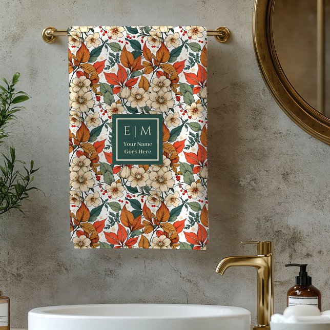 Boho-Herbstblumen-Sage-Terrakotta-Namen-Badetücher Badhandtuch Set (Boho Fall Florals Sage Terracotta Name Bath Towel)