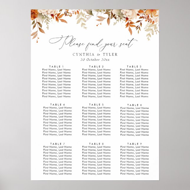 Boho Herbstflorale Hochzeitssitzkarte Poster (Vorne)