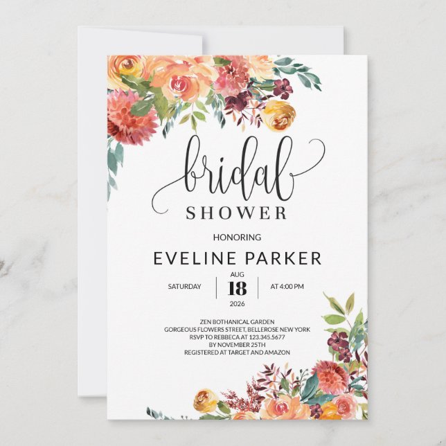 Boho Herbstmarigold und Blume mit blütendem Bordea Einladung (Vorderseite)