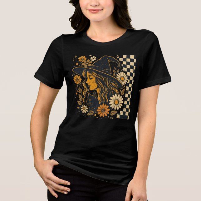 Boho Hexe Cat Sonnenblume Halloween Dark T - Shirt (Vorderseite)