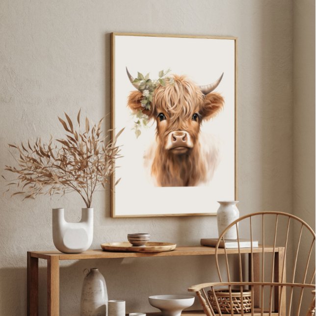 Boho Highland Cow Art Print Poster (Boho Highland Cow Art Print Poster.)