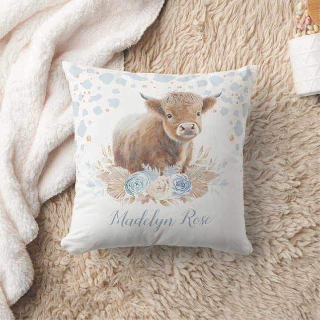 Boho Highland Cow Blue Gold Floral Baby Boy Kissen (Decke)