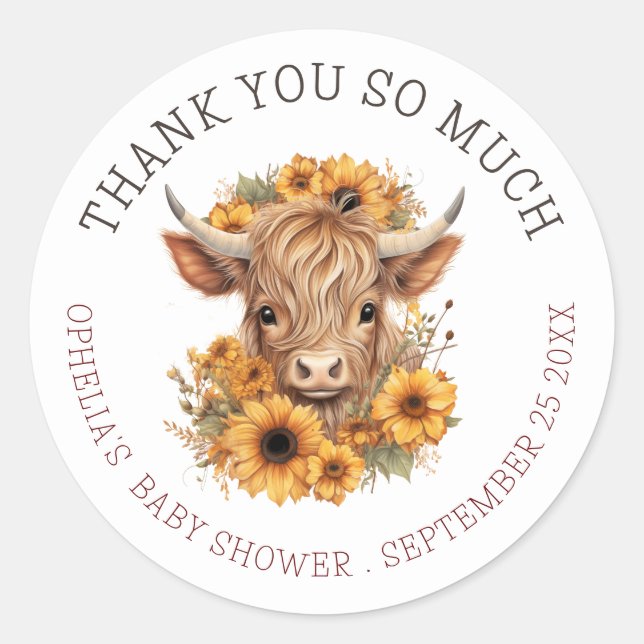 Boho Highland Cow danke Ihnen Baby Dusche Runder Aufkleber (Vorderseite)