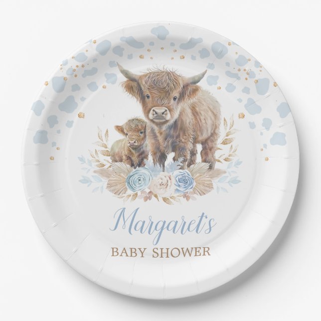 Boho Highland Cow Floral Pampas Grass Baby Boy Pappteller (Vorderseite)