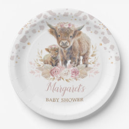 Boho Highland Cow Floral Pampas Grass Baby Girl Pappteller
