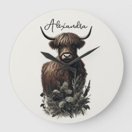 Boho Highland Cow Große Wanduhr