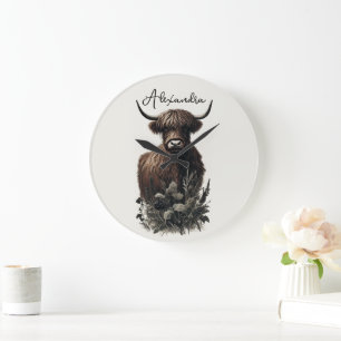 Boho Highland Cow Große Wanduhr