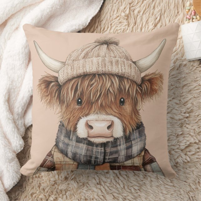 Boho Highland Cow in Hat Cream Kissen (Decke)
