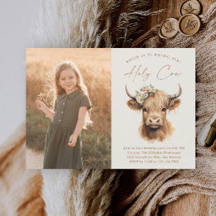 Boho Highland Cow Kids Foto Birthday Party Einladung