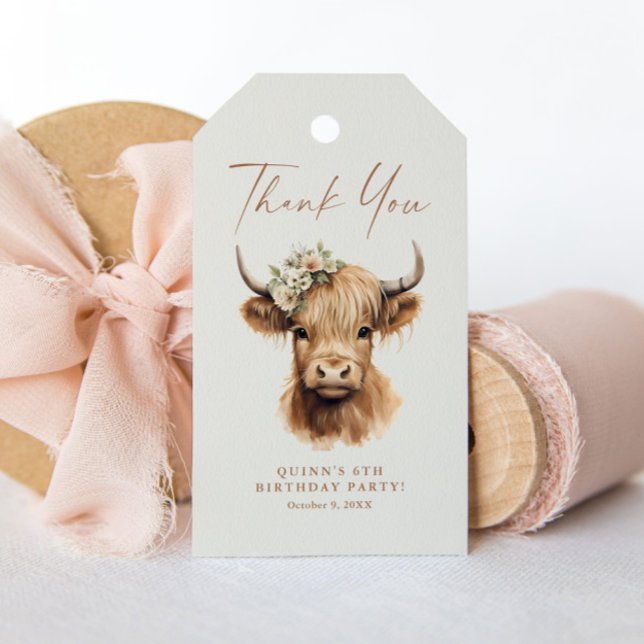 Boho Highland Cow Kindergeburtstag Gastgeschenk Geschenkanhänger (Boho Highland Cow Girls Kids Birthday Party Thank You Favor Tags.)
