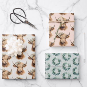 Boho Highland Cow Kindergeburtstagsfeier Geschenkpapier Set