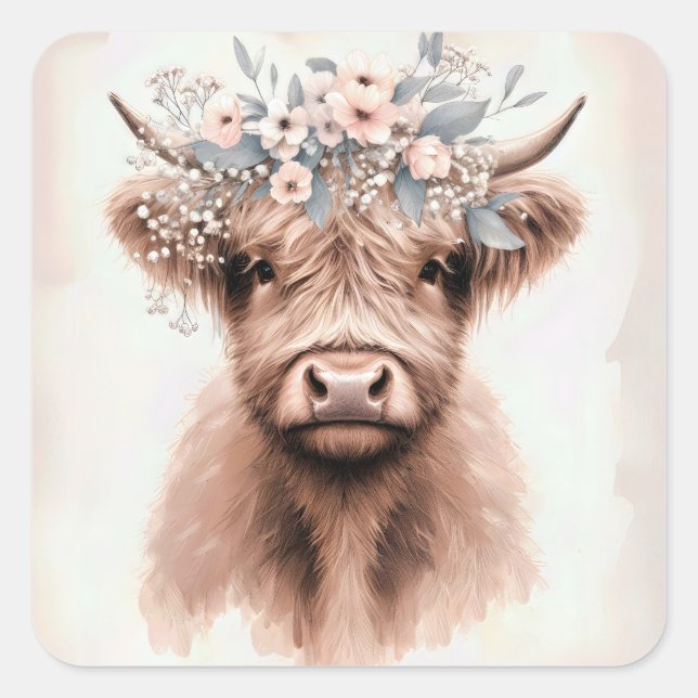 Boho Highland Cow mit Blumenbridkronen Quadratischer Aufkleber (Vorderseite)