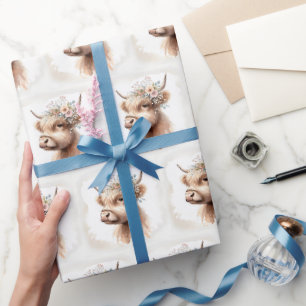 Boho Highland Cow mit Bridal-Blume Geschenkpapier