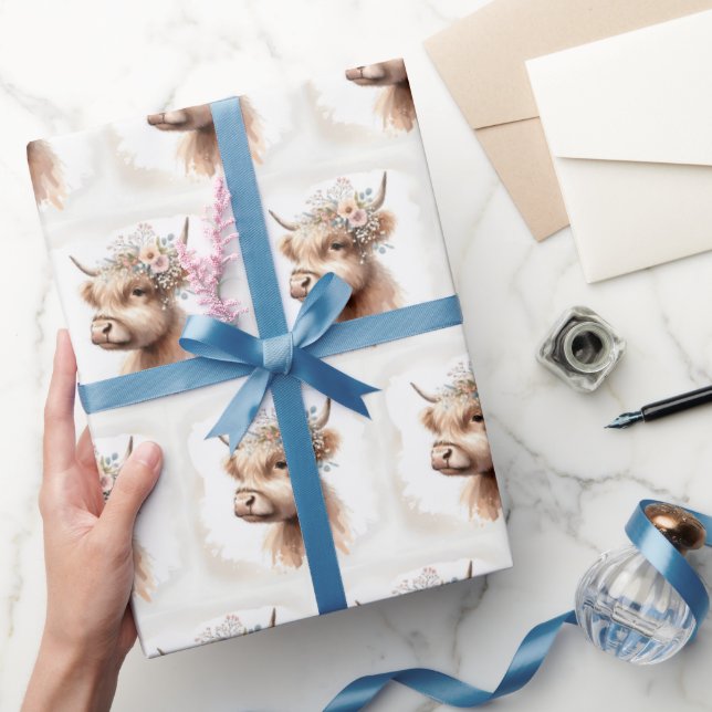 Boho Highland Cow mit Bridal-Blume Geschenkpapier (Schenken)