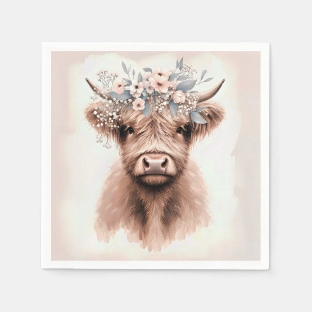 Boho Highland Cow mit Bridal Floral Crown Serviette (Vorderseite)