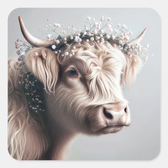 Boho Highland Cow mit Gipskraut Crown Quadratischer Aufkleber (Vorderseite)