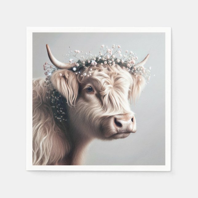 Boho Highland Cow mit Gipskraut Crown Serviette (Vorderseite)