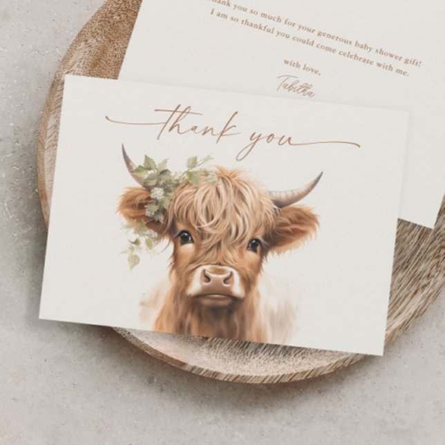 Boho Highland Cow Neutral Couples Baby Shower Dankeskarte (Boho highland cow baby shower thank you card.)