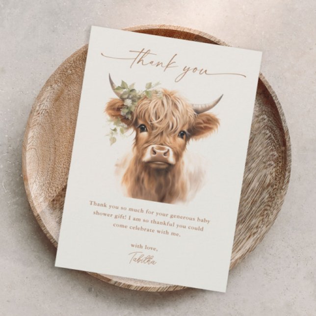 Boho Highland Cow Neutral Couples Baby Shower Dankeskarte (Boho highland cow baby shower thank you card.)