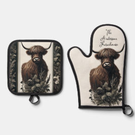 Boho Highland Cow Ofenhandschuh & Topflappen-Set