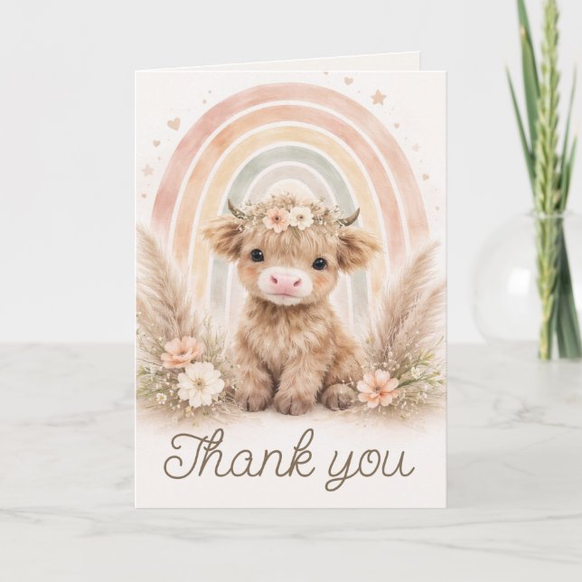 Boho Highland Cow Rainbow Baby Shower Blank Dankeskarte (Vorderseite)