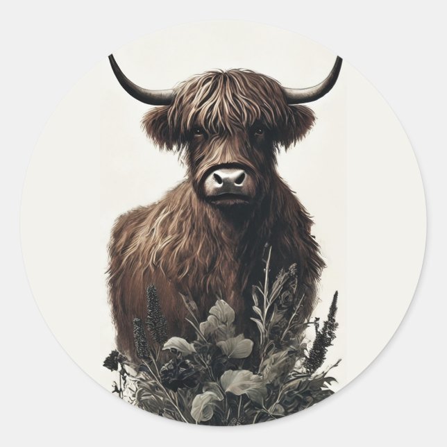 Boho Highland Cow Runder Aufkleber (Vorderseite)