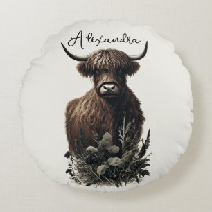 Boho Highland Cow Rundes Kissen
