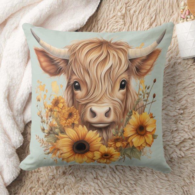 Boho Highland Cow Sunblumen Sage Green Kissen (Decke)