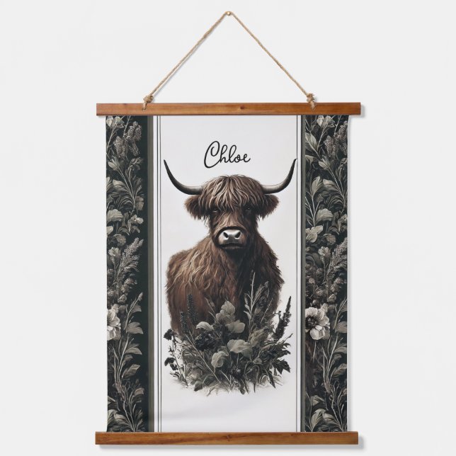 Boho Highland Cow Wandteppich Mit Holzrahmen (Vorderseite)
