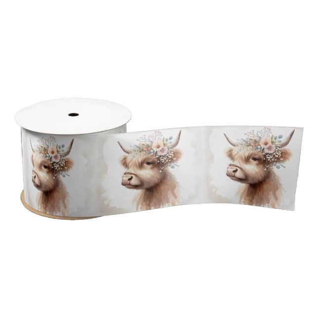 Boho Highland Cow Wearing Bridal Blume Satinband (Spule)