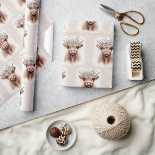 Boho Highland Kuh mit Blütenlaurel Geschenkpapier