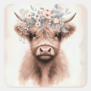 Boho Highland-Kuh mit floraler Brautkrone Quadratischer Aufkleber
