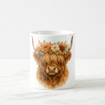Boho Highland-Kuh-Wurfkissen mit floraler Krone |