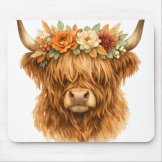 Boho Highland-Kuh-Wurfkissen mit floraler Krone | Mousepad