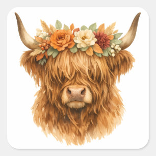 Boho Highland-Kuh-Wurfkissen mit floraler Krone   Quadratischer Aufkleber