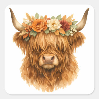 Boho Highland-Kuh-Wurfkissen mit floraler Krone | Quadratischer Aufkleber