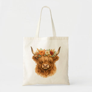 Boho Highland-Kuh-Wurfkissen mit floraler Krone Tragetasche
